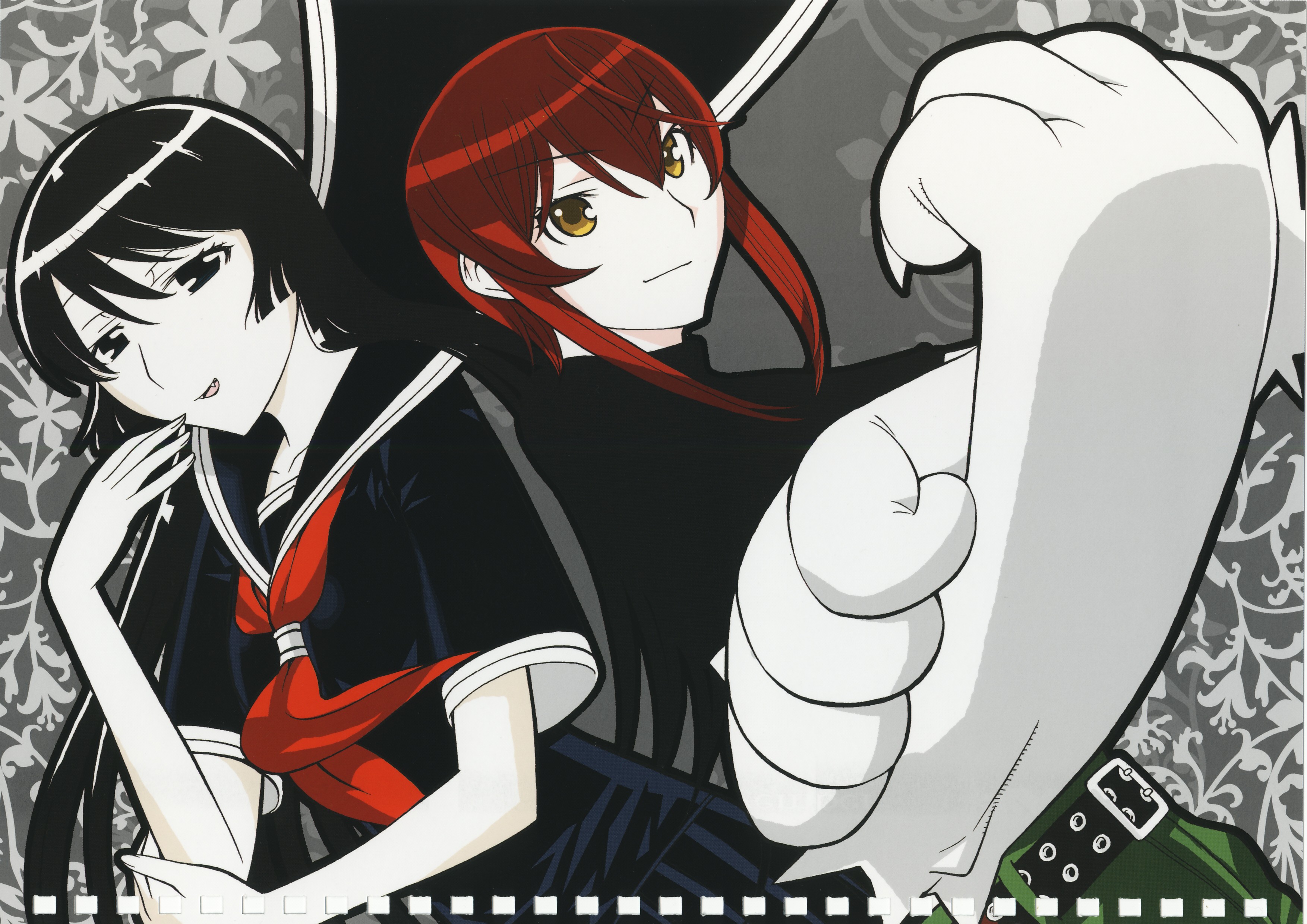 kamura reiri, riza wildman, kaibutsu oujo, absurdres, highres, scan, 00s, animal hands, black hair, red hair, vampire