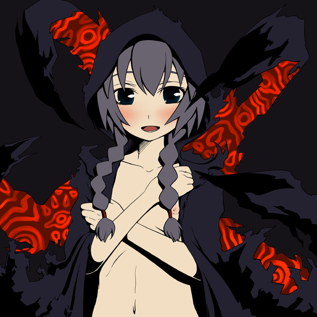 unyon, curse maker, curse maker 2, atlus, etrian odyssey, 1girl, black eyes, black hair, blush, braid, breasts, cape, cloak, female focus, hood, naked cape, naked cloak, nude, small breasts, solo, twin braids
