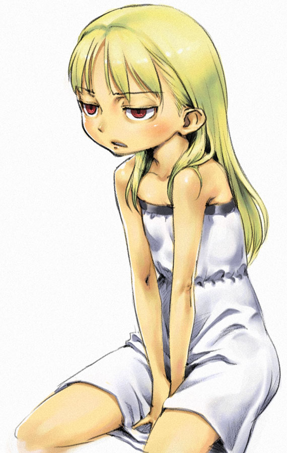 chyko, tagme, bare shoulders, blonde hair, long hair, red eyes, solo, strapless