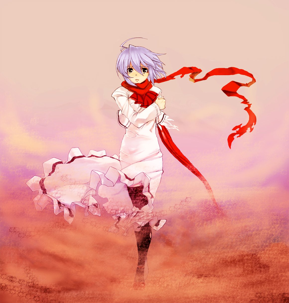 kirisato itsuki, highres, 1girl, female focus, purple hair, scarf, solo, thighhighs