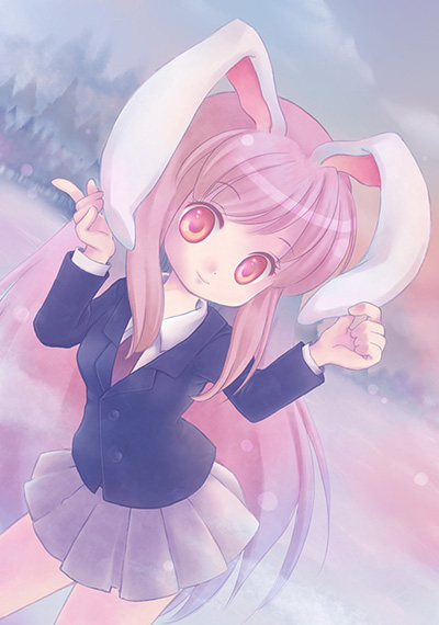 reisen udongein inaba, touhou, eyebrows, 1girl, animal ears, blurry, bokeh, closed mouth, cloud, collared shirt, cowboy shot, depth of field, dutch angle, female focus, jacket, long hair, long sleeves, looking at viewer, miniskirt, necktie, outdoors, pleated skirt, purple hair, rabbit ears, red eyes, shirt, skirt, sky, solo, tree, very long hair, white shirt