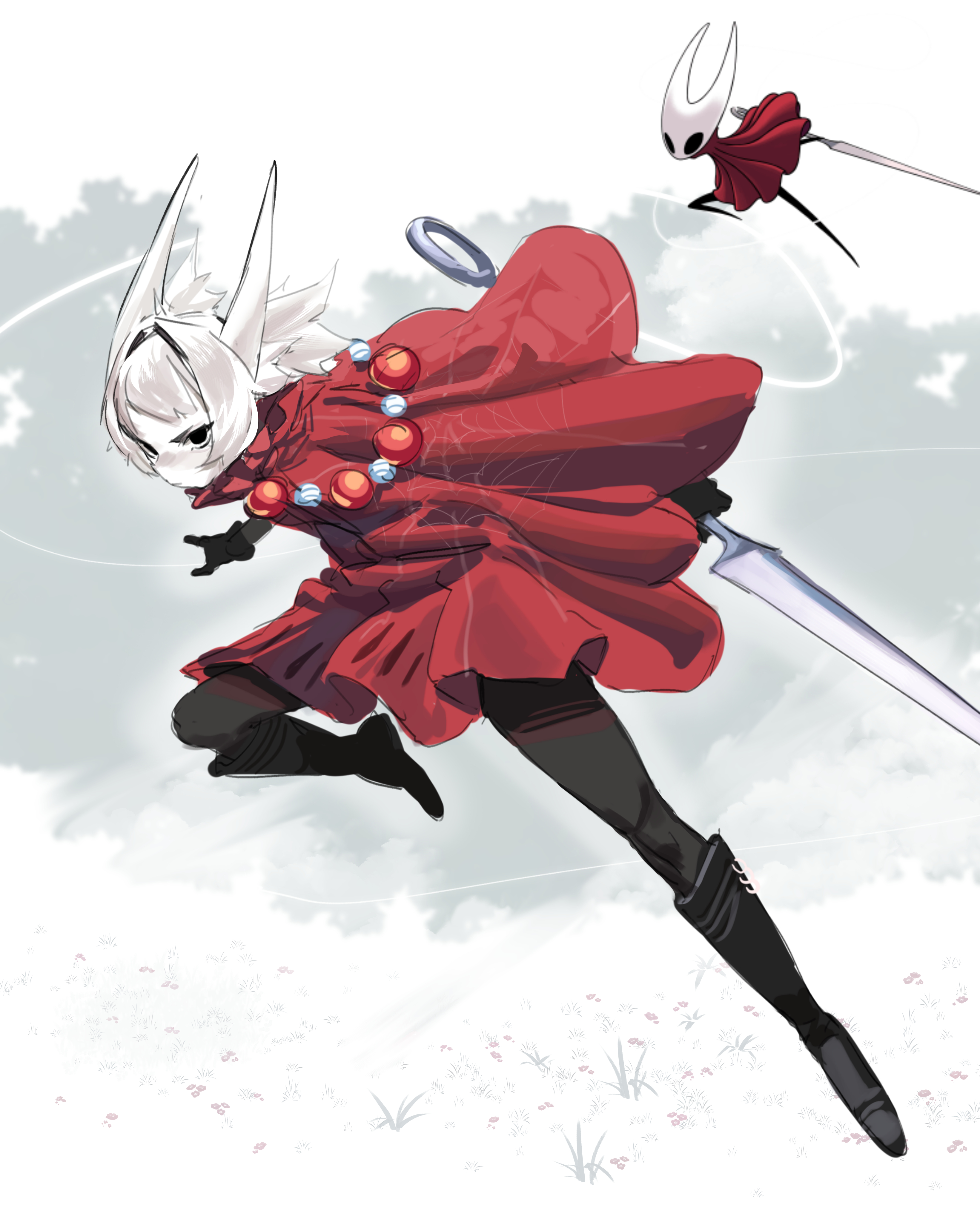 reallycute456, hornet (kancolle), hollow knight, hollow knight: silksong, absurdres, commentary, english commentary, highres, 1girl, bead necklace, beads, black bodysuit, black boots, black eyes, bodysuit, boots, cloak, closed mouth, colored skin, grass, holding, holding weapon, horns, humanization, jewelry, knee boots, leg up, nail (hollow knight), necklace, red cloak, reference inset, short hair, simple background, solo, weapon, white hair, white horns, white skin