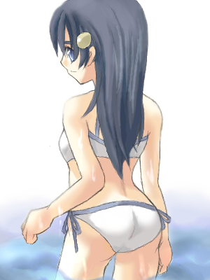 dawn (pokemon), nintendo, pokemon, lowres, 1girl, ass, back, bikini, blue eyes, blue hair, female focus, long hair, matching hair/eyes, side-tie bikini bottom, solo, swimsuit, white bikini