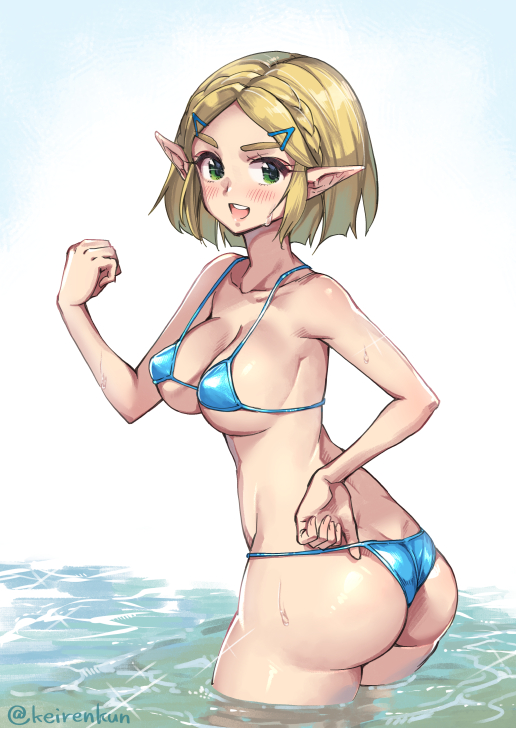 monbetsu kuniharu, princess zelda, nintendo, the legend of zelda, the legend of zelda: tears of the kingdom, commentary request, 1girl, artist name, ass, bikini, blonde hair, blue bikini, braid, breasts, cowboy shot, crown braid, green eyes, large breasts, light blush, looking at viewer, looking back, open mouth, pointy ears, short hair, smile, solo, swimsuit, teeth, twitter username, upper teeth only, wading, water, wet