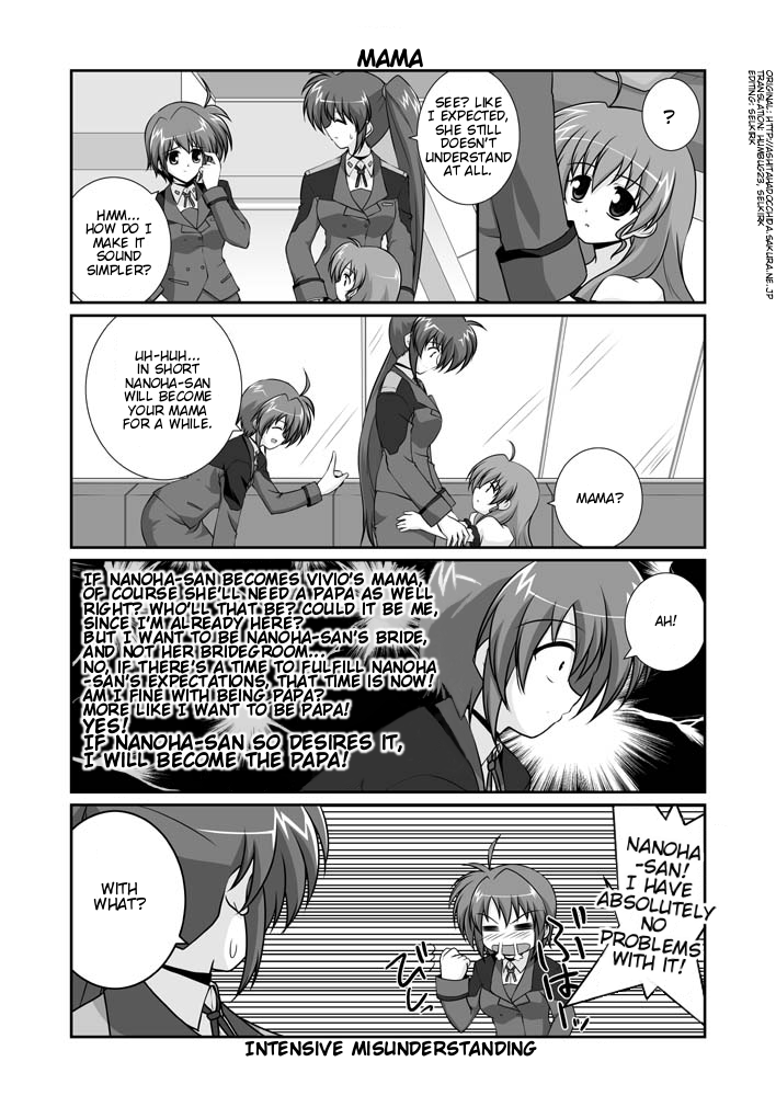 mikage takashi, subaru nakajima, takamachi nanoha, vivio, lyrical nanoha, mahou shoujo lyrical nanoha, mahou shoujo lyrical nanoha strikers, hard-translated, third-party edit, translated, 00s, 3girls, = =, ahoge, blush, clenched hand, closed eyes, comic, english text, greyscale, military, military uniform, monochrome, multiple girls, side ponytail