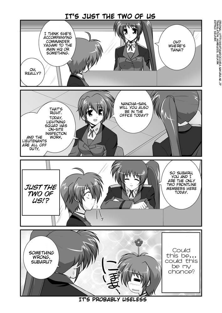 mikage takashi, subaru nakajima, takamachi nanoha, lyrical nanoha, mahou shoujo lyrical nanoha, mahou shoujo lyrical nanoha strikers, hard-translated, third-party edit, translated, 00s, 2girls, = =, blush, closed eyes, comic, english text, flower, flower on head, greyscale, military, military uniform, monochrome, multiple girls, side ponytail