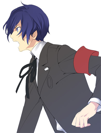 ginka sima, yuuki makoto (persona 3), atlus, persona, persona 3, bad id, bad pixiv id, armband, blue eyes, blue hair, male focus, school uniform, serafuku, short hair, simple background, solo
