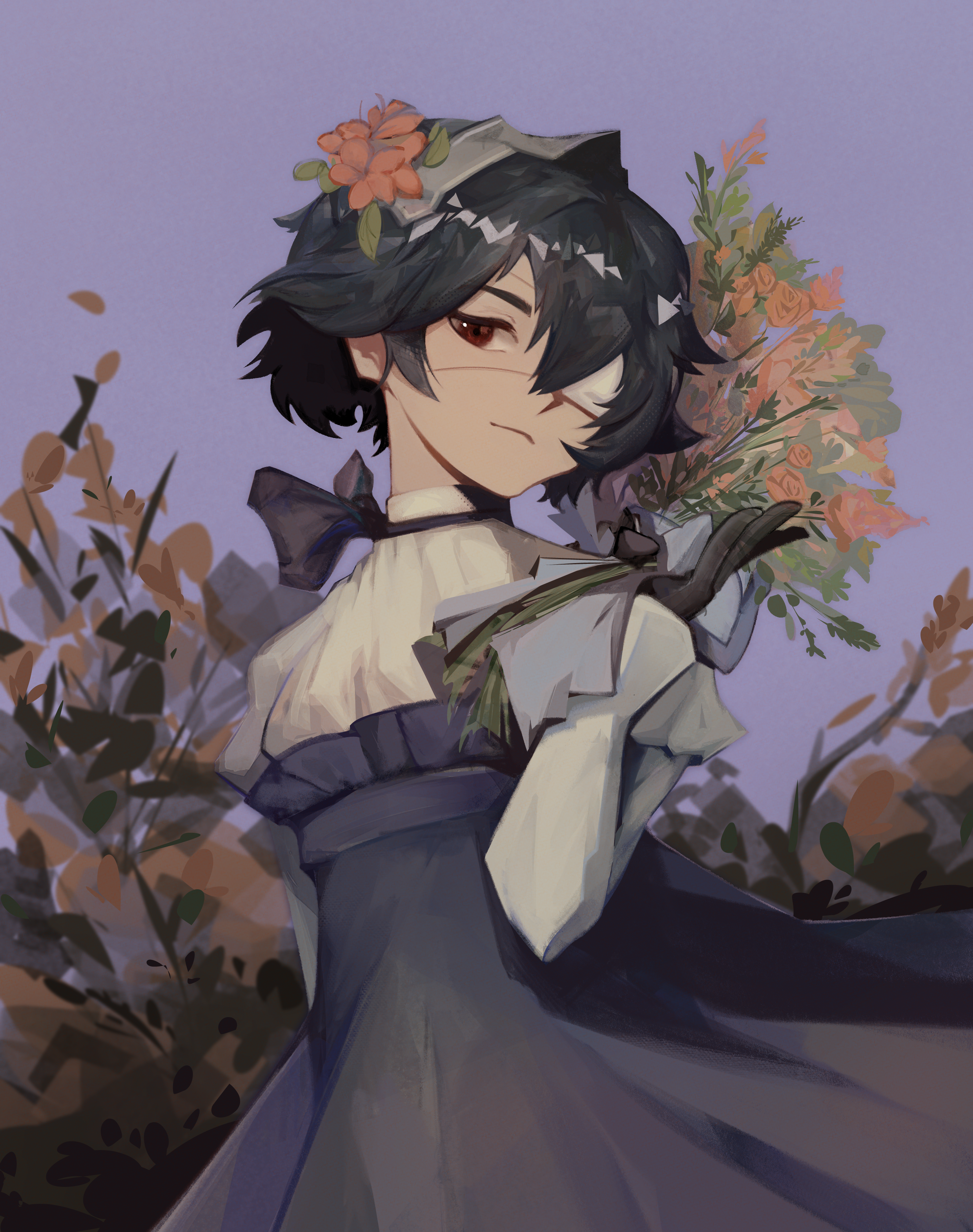 blue picmi, misaki mei, another, absurdres, commentary, english commentary, highres, 1girl, black dress, black gloves, black hair, closed mouth, dress, eyepatch, flower, gloves, hair between eyes, hair flower, hair ornament, long sleeves, looking at viewer, medical eyepatch, one eye covered, orange flower, purple background, red eyes, short hair, sleeves past wrists, solo, white dress