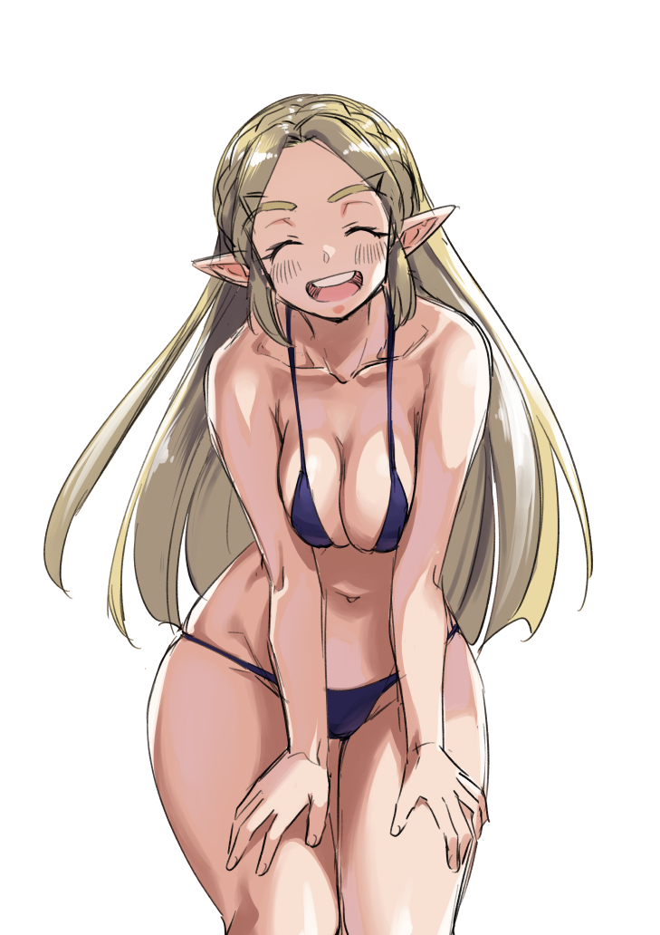 monbetsu kuniharu, princess zelda, nintendo, the legend of zelda, the legend of zelda: breath of the wild, commentary request, 1girl, bikini, blonde hair, braid, breasts, closed eyes, collarbone, cowboy shot, crown braid, facing viewer, hands on own thighs, leaning forward, long hair, medium breasts, navel, open mouth, pointy ears, purple bikini, simple background, smile, solo, swimsuit, teeth, upper teeth only, white background