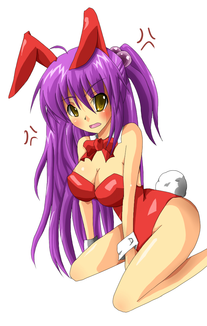 shin-mottie, futaki kanata, little busters!, 1girl, angry, animal ears, bare legs, bow, bowtie, breasts, cleavage, detached collar, fake animal ears, female focus, kneeling, playboy bunny, purple hair, rabbit ears, rabbit tail, red bow, red bowtie, solo, tail, twintails, yellow eyes
