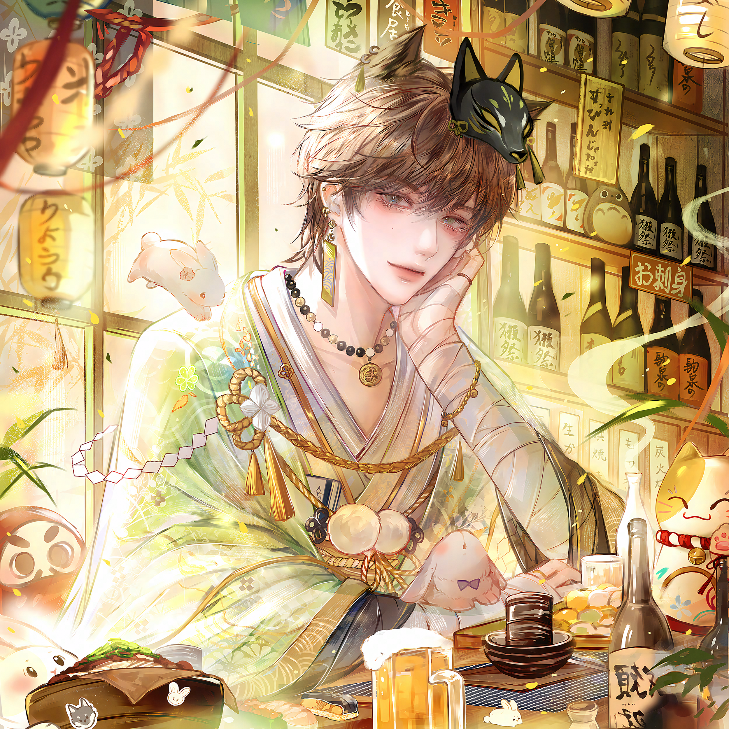 qingluanluan, original, absurdres, highres, 1boy, alcohol, animal ears, beer mug, bottle, brown hair, cup, earrings, food, fox mask, indoors, japanese clothes, jewelry, looking at viewer, male focus, mask, mask on head, mug, necklace, short hair, solo, tassel
