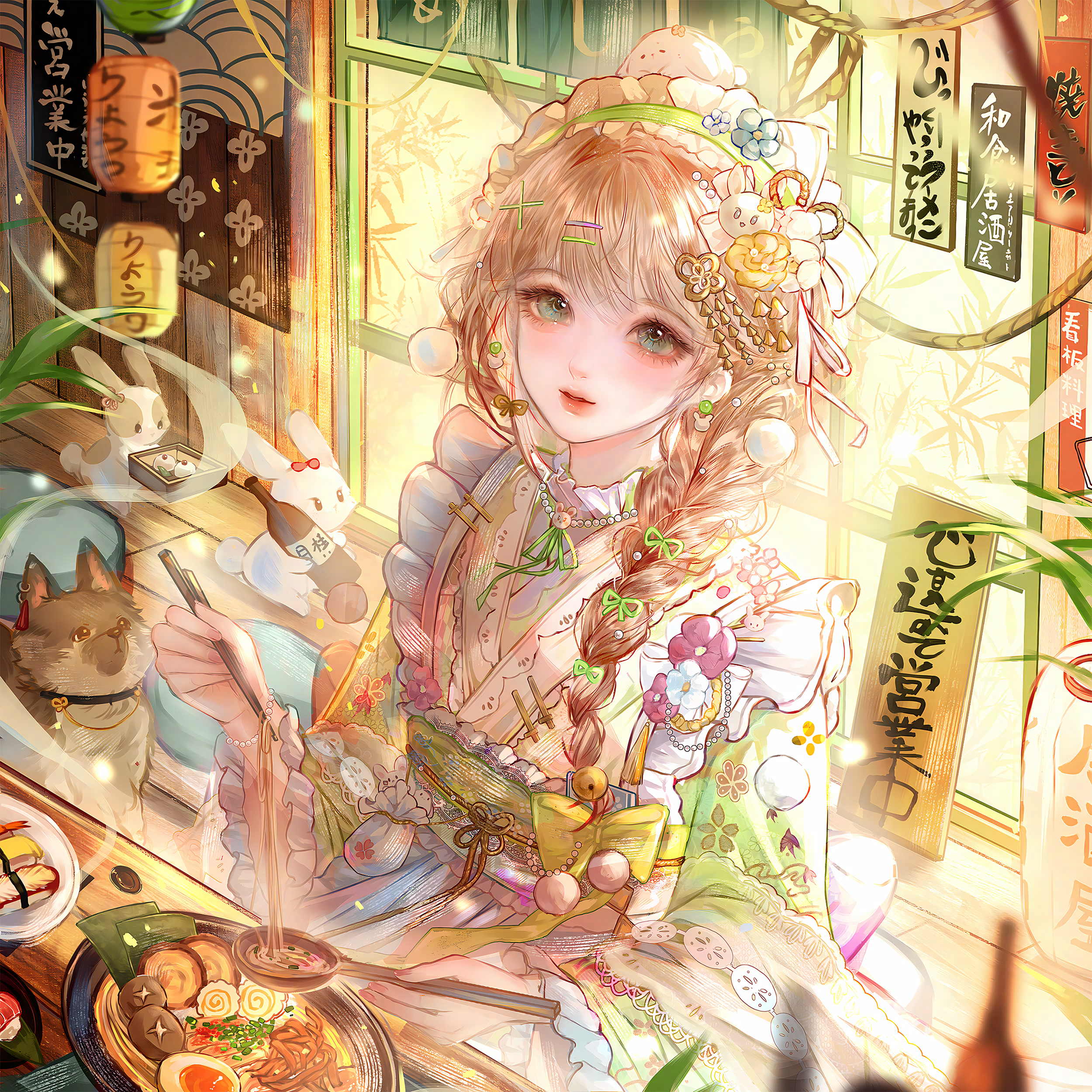 qingluanluan, original, absurdres, highres, 1girl, animal, apron, bell, bowl, braid, brown hair, cat, chopsticks, earrings, floral print, flower, food, frilled kimono, frills, green eyes, green kimono, green ribbon, hair flower, hair ornament, hair over shoulder, hairclip, holding, holding chopsticks, indoors, japanese clothes, jewelry, kimono, long hair, long sleeves, looking at viewer, maid, maid headdress, obi, plate, ribbon, sash, sitting, solo, wa maid, wide sleeves, window