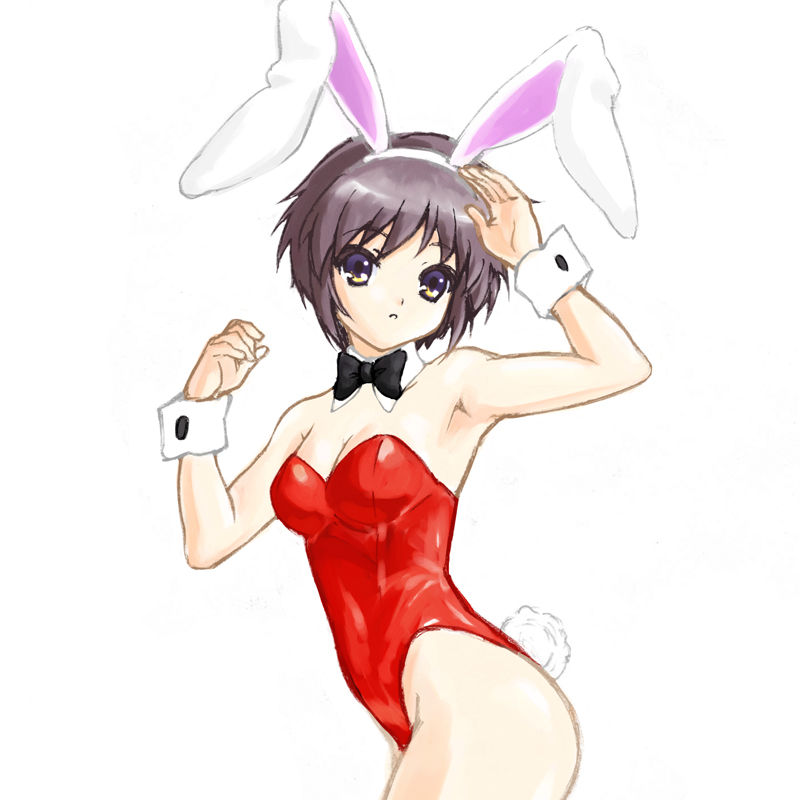 sai (artist), sai (fcbwbkg6), nagato yuki, suzumiya haruhi no yuuutsu, silver hair, bad id, bad pixiv id, 00s, 1girl, animal ears, armpits, bare legs, black bow, black bowtie, bow, bowtie, detached collar, fake animal ears, female focus, playboy bunny, rabbit ears, rabbit tail, short hair, solo, tail, yellow eyes