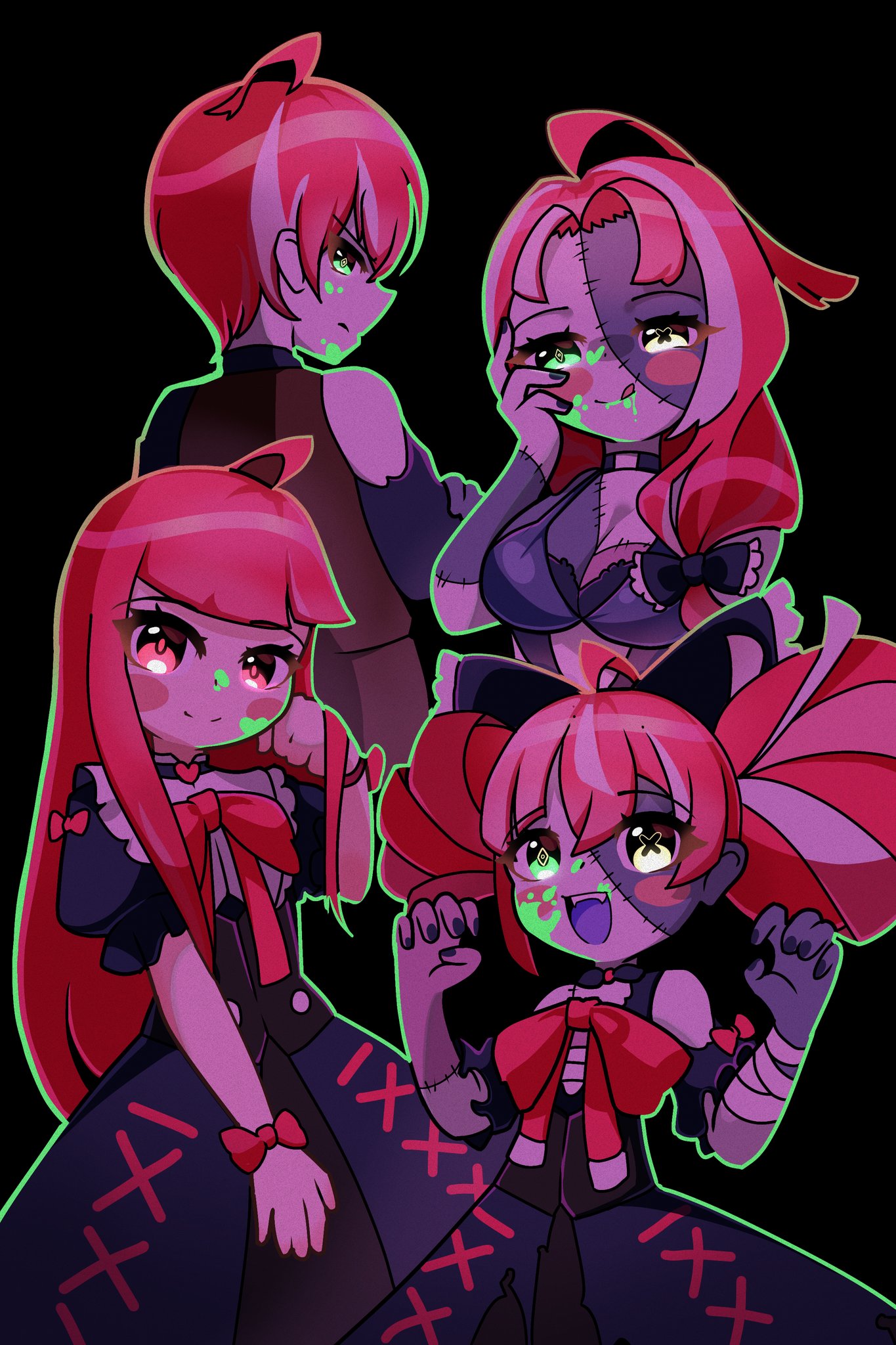 kureiji ollie, olivia (kureiji ollie), sallie (kureiji ollie), hololive, hololive indonesia, 3girls, black background, black dress, breasts, cross-shaped pupils, double bun, dress, glowing liquid, green eyes, hair bun, hair ribbon, heterochromia, large breasts, licking lips, multicolored hair, multiple girls, multiple persona, open mouth, pink hair, red hair, ribbon, symbol-shaped pupils, tongue, tongue out, white hair, yellow eyes, zombie