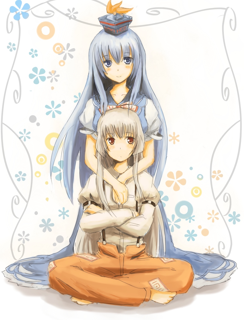 kokotetsu, fujiwara no mokou, kamishirasawa keine, touhou, silver hair, bad id, bad pixiv id, 2girls, barefoot, blue hair, crossed arms, crossed legs, female focus, full body, hat, indian style, long hair, multiple girls, ribbon, sitting, white background