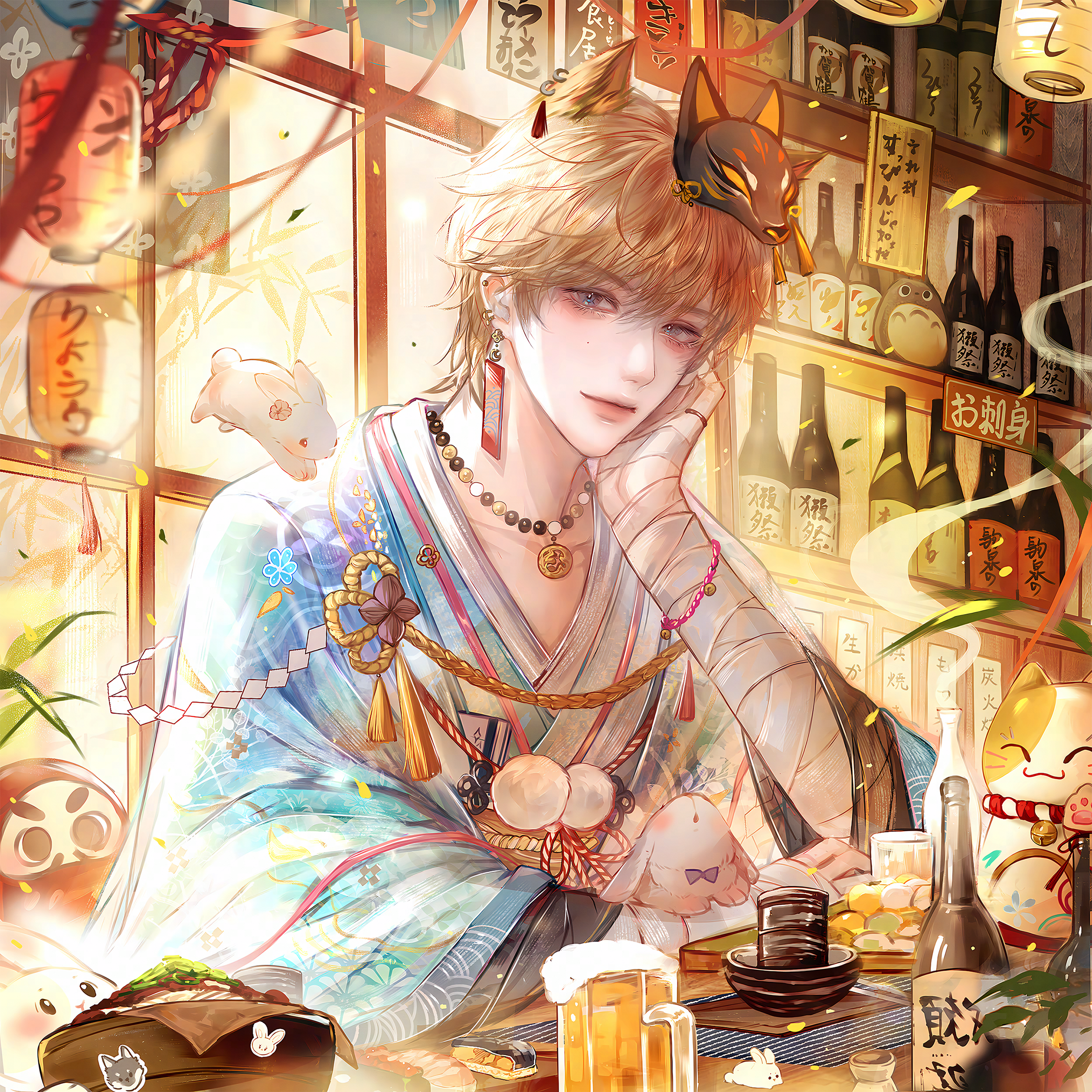 qingluanluan, original, absurdres, highres, 1boy, alcohol, animal ears, bandages, beer mug, blonde hair, blue eyes, cup, earrings, food, fox mask, japanese clothes, jewelry, looking at viewer, male focus, mask, mask on head, mug, necklace, short hair, solo