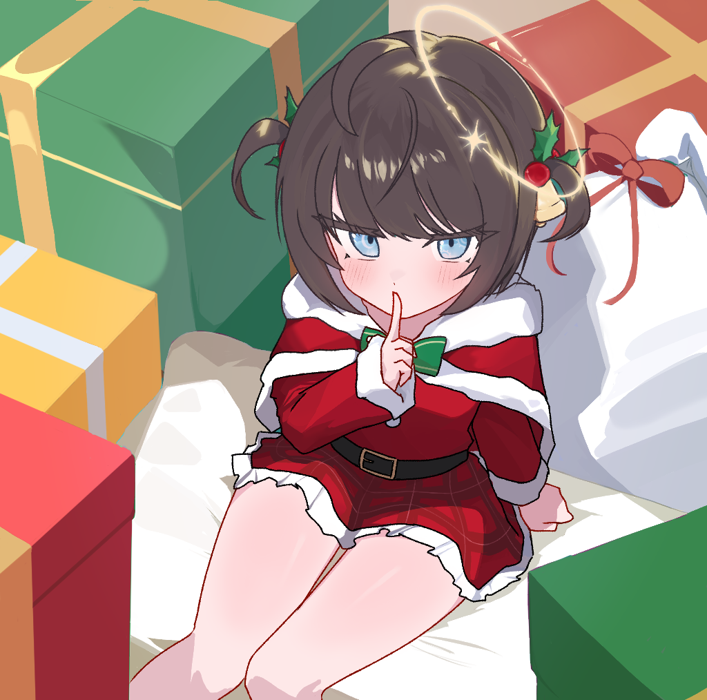wingcat, original, commentary, 1girl, ahoge, bare legs, belt, belt buckle, blue eyes, blush, bow, box, breasts, brown hair, buckle, capelet, christmas, dot nose, dress, feet out of frame, finger to mouth, from above, fur-trimmed capelet, fur trim, gift, gift box, green bow, grey belt, halo, hand up, index finger raised, looking at viewer, looking up, mistletoe, mistletoe hair ornament, pale skin, red capelet, red dress, ribbon, sack, santa costume, santa dress, short hair, shushing, sitting, small breasts, solo, star halo, swept bangs, thighs, two side up