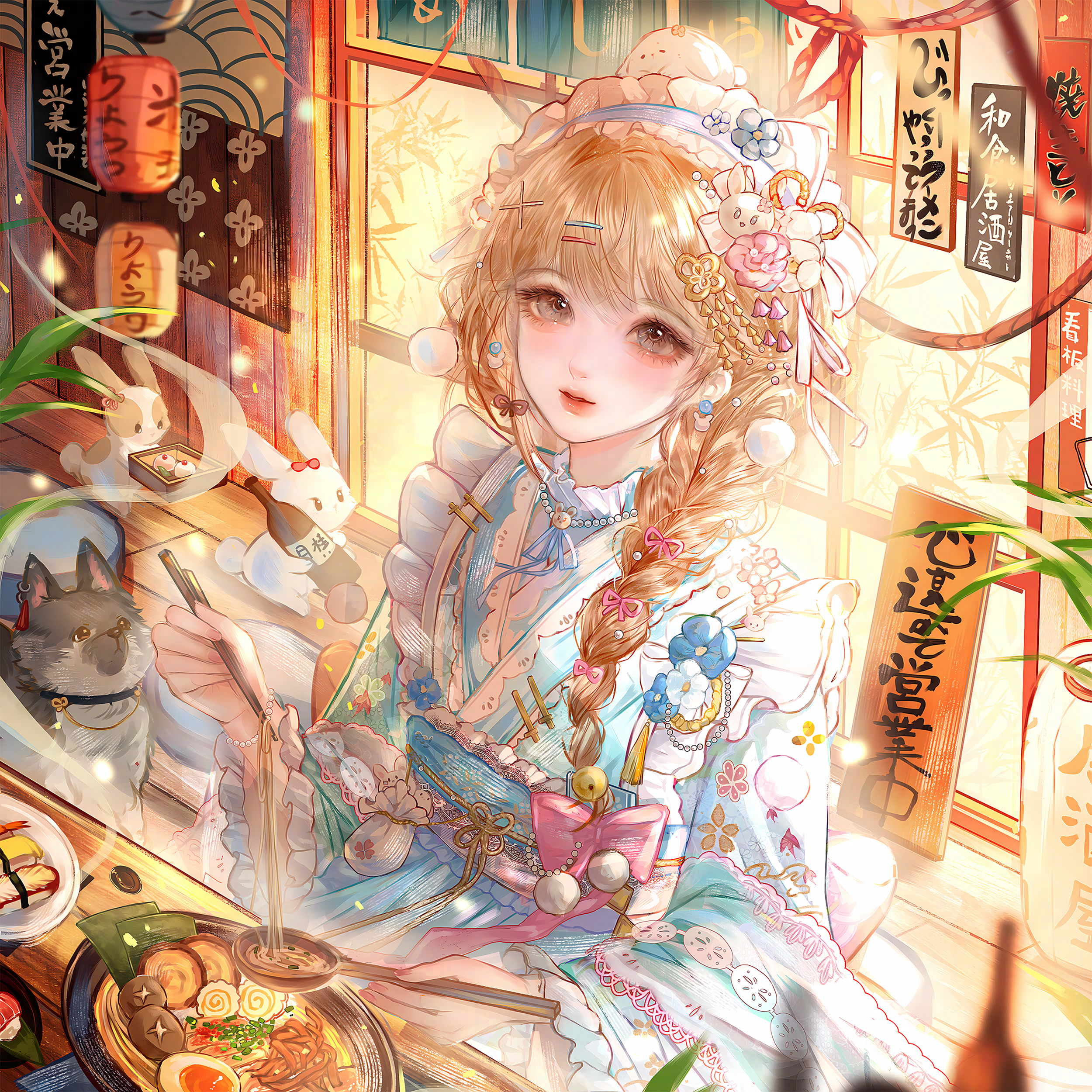 qingluanluan, original, absurdres, highres, 1girl, blue kimono, bow, bowl, braid, brown eyes, brown hair, cat, chopsticks, earrings, floral print, flower, food, frilled kimono, frills, hair flower, hair ornament, hair over shoulder, hairclip, holding, indoors, japanese clothes, jewelry, kimono, long hair, long sleeves, looking at viewer, obi, plate, sash, sitting, solo, wide sleeves, window