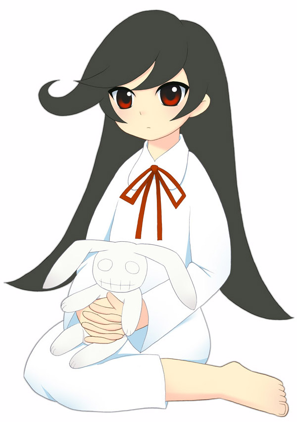 kurappii, ashley (warioware), nintendo, warioware, 1girl, barefoot, black hair, closed mouth, dot nose, expressionless, female focus, full body, hair down, holding, holding stuffed toy, interlocked fingers, lingerie, long hair, neck ribbon, nightgown, own hands together, red eyes, red ribbon, ribbon, sidelocks, simple background, sitting, solo, stuffed animal, stuffed rabbit, stuffed toy, swept bangs, toes, underwear, white background