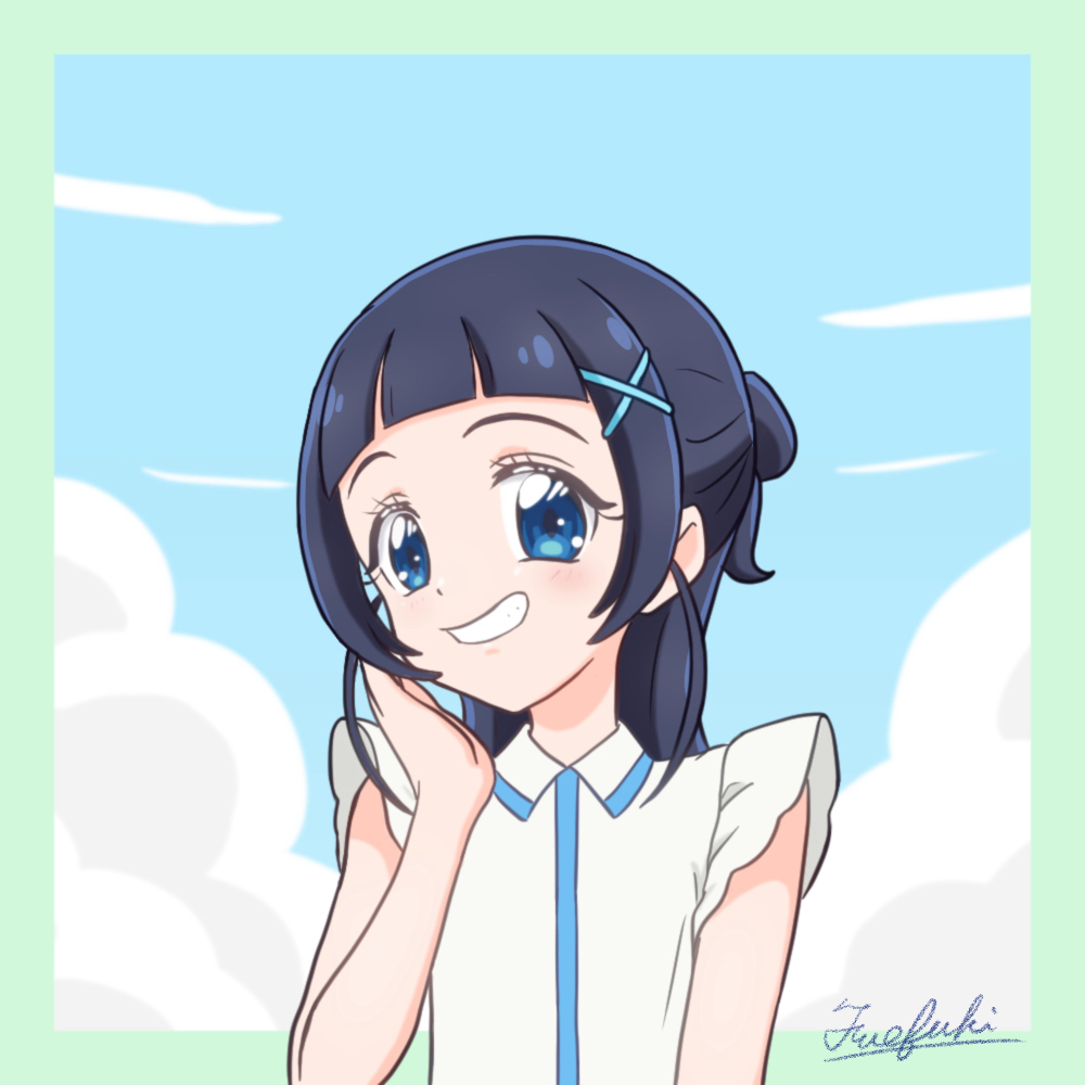 fuefukipiper, aokaze nana, kimi to idol precure, precure, commentary, 1girl, :d, arched bangs, artist name, bare arms, blue eyes, blue hair, blue sky, blue trim, blush, border, cloud, cloudy sky, collared shirt, day, diamond-shaped pupils, diamond (shape), dot nose, frilled sleeves, frills, green border, grin, hair bun, hair ornament, hand on own cheek, hand on own face, long hair, looking at viewer, open mouth, outdoors, outside border, shirt, short sleeves, signature, single hair bun, sky, smile, solo, symbol-shaped pupils, upper body, white shirt, x hair ornament