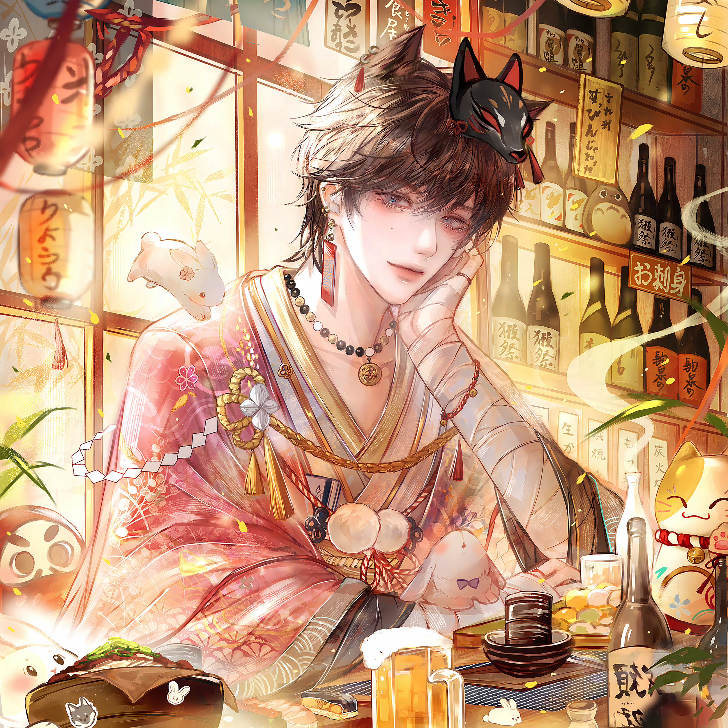 qingluanluan, original, absurdres, highres, 1girl, blue kimono, bow, bowl, braid, brown eyes, brown hair, cat, chopsticks, earrings, floral print, flower, food, frilled kimono, frills, hair flower, hair ornament, hair over shoulder, hairclip, holding, indoors, japanese clothes, jewelry, kimono, long hair, long sleeves, looking at viewer, obi, plate, sash, sitting, solo, wide sleeves, window