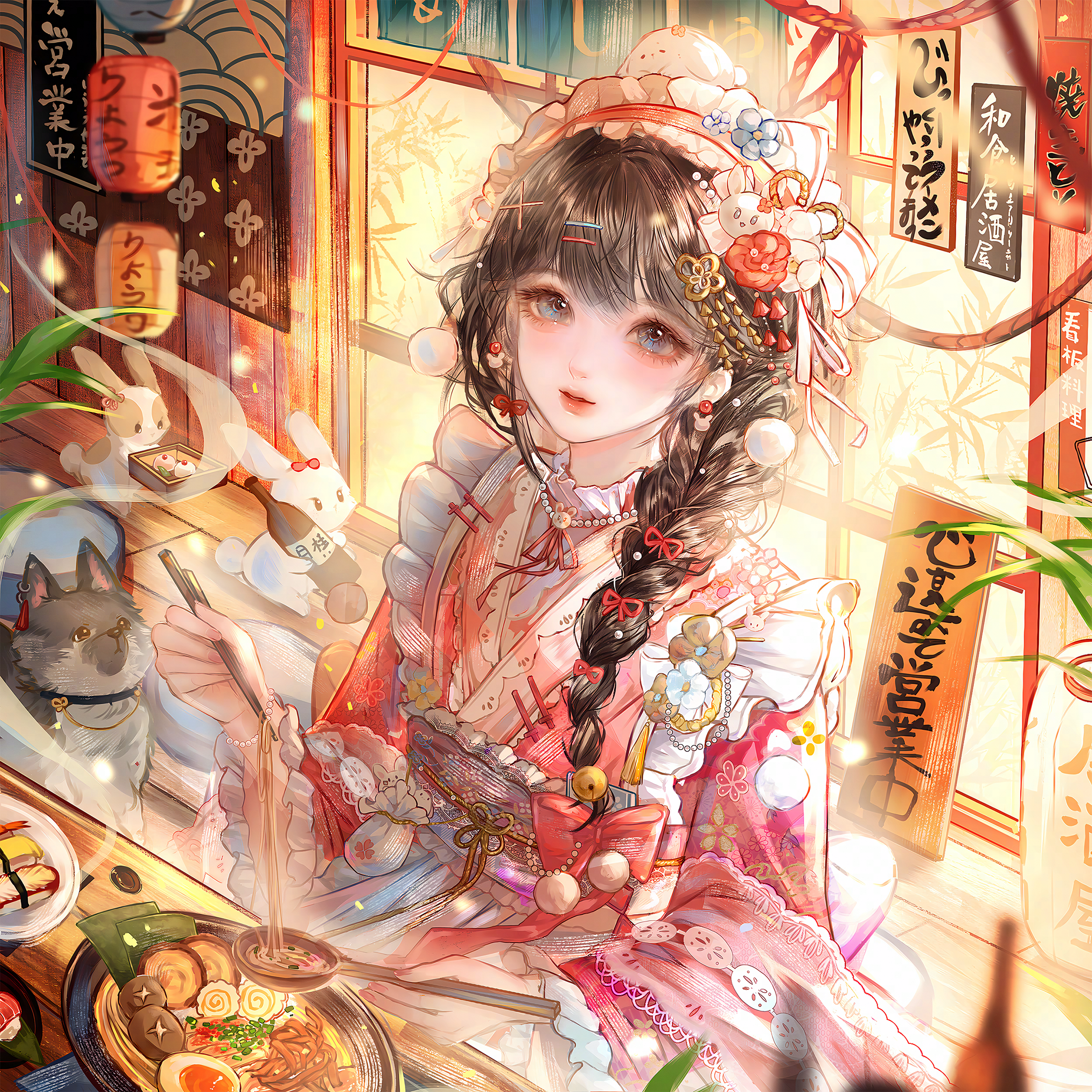 qingluanluan, original, absurdres, highres, 1boy, alcohol, animal ears, bandages, beads, beer mug, blue eyes, bottle, brown hair, cup, earrings, food, fox mask, indoors, japanese clothes, jewelry, lantern, looking at viewer, male focus, mask, mask on head, mug, necklace, paper lantern, short hair, solo, tassel, upper body