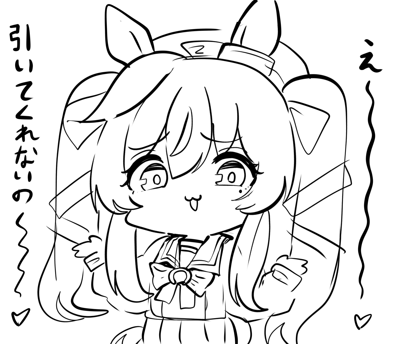 kawamochi (tddm3573), vivlos (umamusume), umamusume, highres, translation request, 1girl, animal ears, beret, bow, greyscale, hair between eyes, hair ribbon, hands up, hat, horse ears, long hair, looking at viewer, mole, mole under eye, monochrome, open mouth, pleated skirt, ribbon, school uniform, shirt, shrugging, simple background, sketch, skirt, solo, tracen school uniform, twintails, very long hair, white background