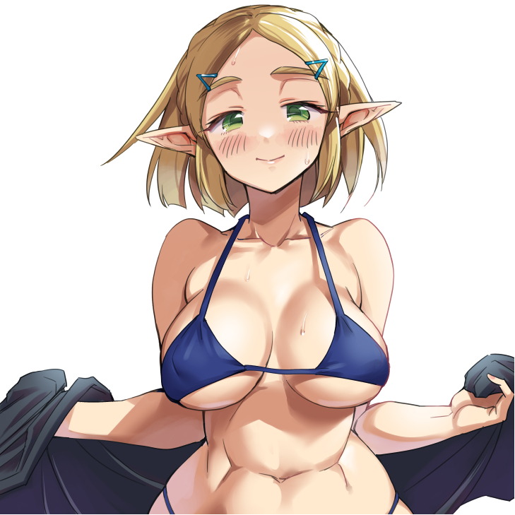 monbetsu kuniharu, princess zelda, nintendo, the legend of zelda, the legend of zelda: tears of the kingdom, commentary request, 1girl, bikini, blonde hair, blue bikini, braid, breasts, closed mouth, collarbone, crown braid, green eyes, holding, large breasts, light blush, looking at viewer, navel, pointy ears, short hair, simple background, smile, solo, swimsuit, upper body, white background
