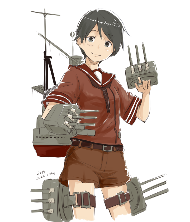 kawashina (momen silicon), mogami (kancolle), kantai collection, commentary, 1girl, black eyes, black hair, black neckerchief, brown shorts, closed mouth, cropped legs, dated, holding, looking at viewer, neckerchief, red sailor collar, rigging, sailor collar, school uniform, serafuku, short hair, short sleeves, shorts, signature, simple background, solo, thigh strap, white background