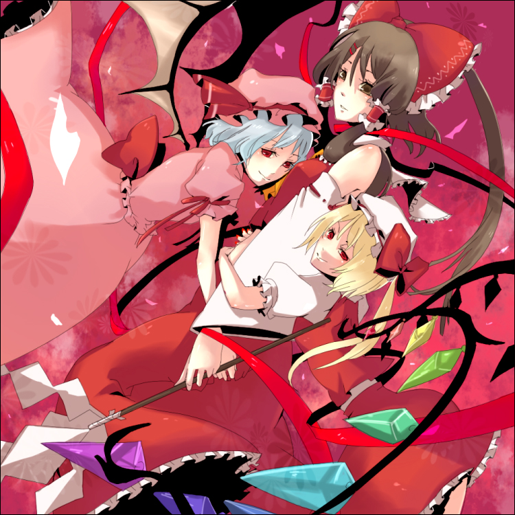 zen (pixiv), zen (raspberry), flandre scarlet, hakurei reimu, remilia scarlet, touhou, 3girls, blonde hair, blue hair, brown hair, female focus, hat, japanese clothes, miko, mob cap, multiple girls, ponytail, ribbon, short hair, wings