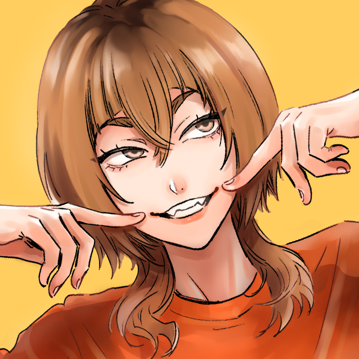 yuki touko, tomo (yuki touko), original, 1boy, animal ears, asymmetrical bangs, brown eyes, brown hair, dutch angle, fangs, fingers to cheeks, grin, hair between eyes, hands up, looking to the side, male focus, medium hair, orange shirt, portrait, shirt, smile, solo, trap, wolf ears, yellow background