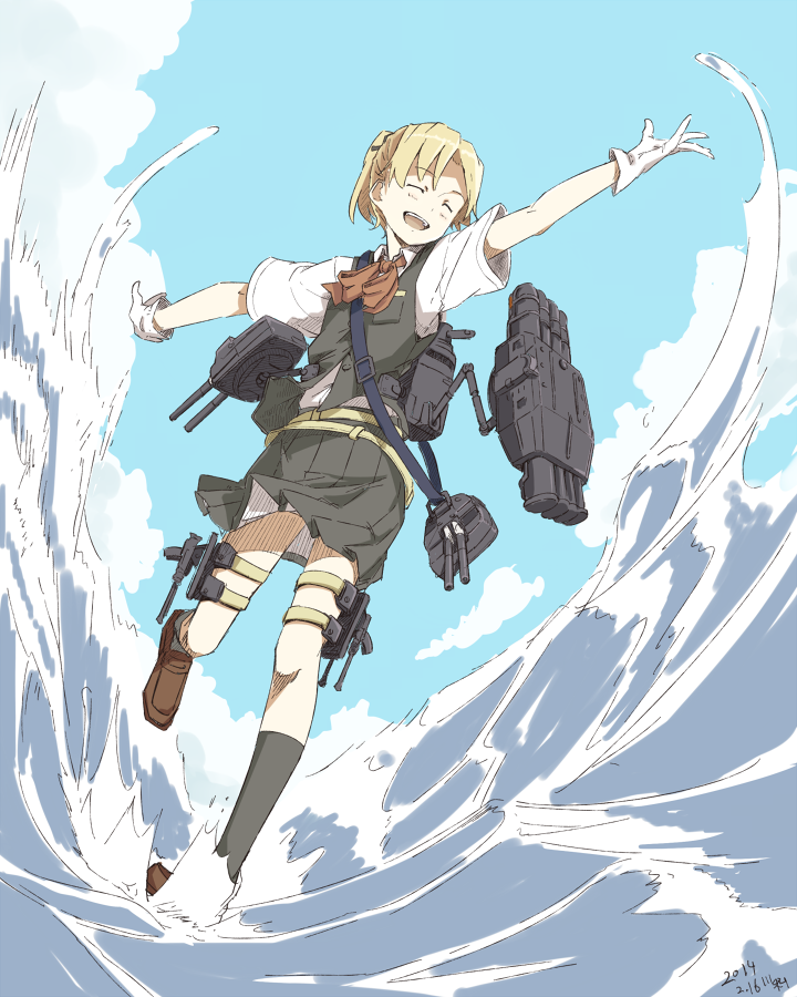 kawashina (momen silicon), maikaze (kancolle), kantai collection, commentary, 1girl, black skirt, black socks, black vest, blonde hair, blue sky, blush, brown shoes, closed eyes, cloud, collared shirt, day, gloves, kneehighs, open mouth, outdoors, outstretched arms, pleated skirt, ponytail, rigging, school uniform, shirt, shoes, skirt, sky, socks, solo, vest, water, white gloves, white shirt