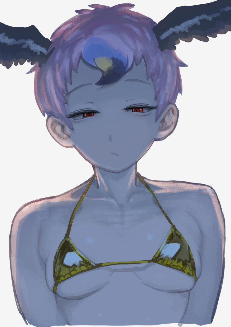 user gtxm2887, lappet-faced vulture (kemono friends), kemono friends, 1girl, :/, arms at sides, backlighting, bikini, bird wings, black hair, blonde hair, blue hair, breasts, closed mouth, cropped arms, cropped torso, gold bikini, half-closed eyes, head wings, looking at viewer, medium breasts, micro bikini, multicolored hair, pink hair, red eyes, ringed eyes, short hair, simple background, skindentation, solo, straight-on, swimsuit, underboob, upper body, white background, wings