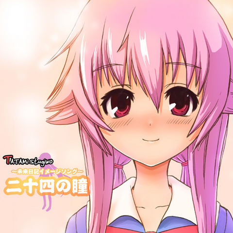 gasai yuno, mirai nikki, lowres, blush, pink hair, red eyes, school uniform, serafuku, solo