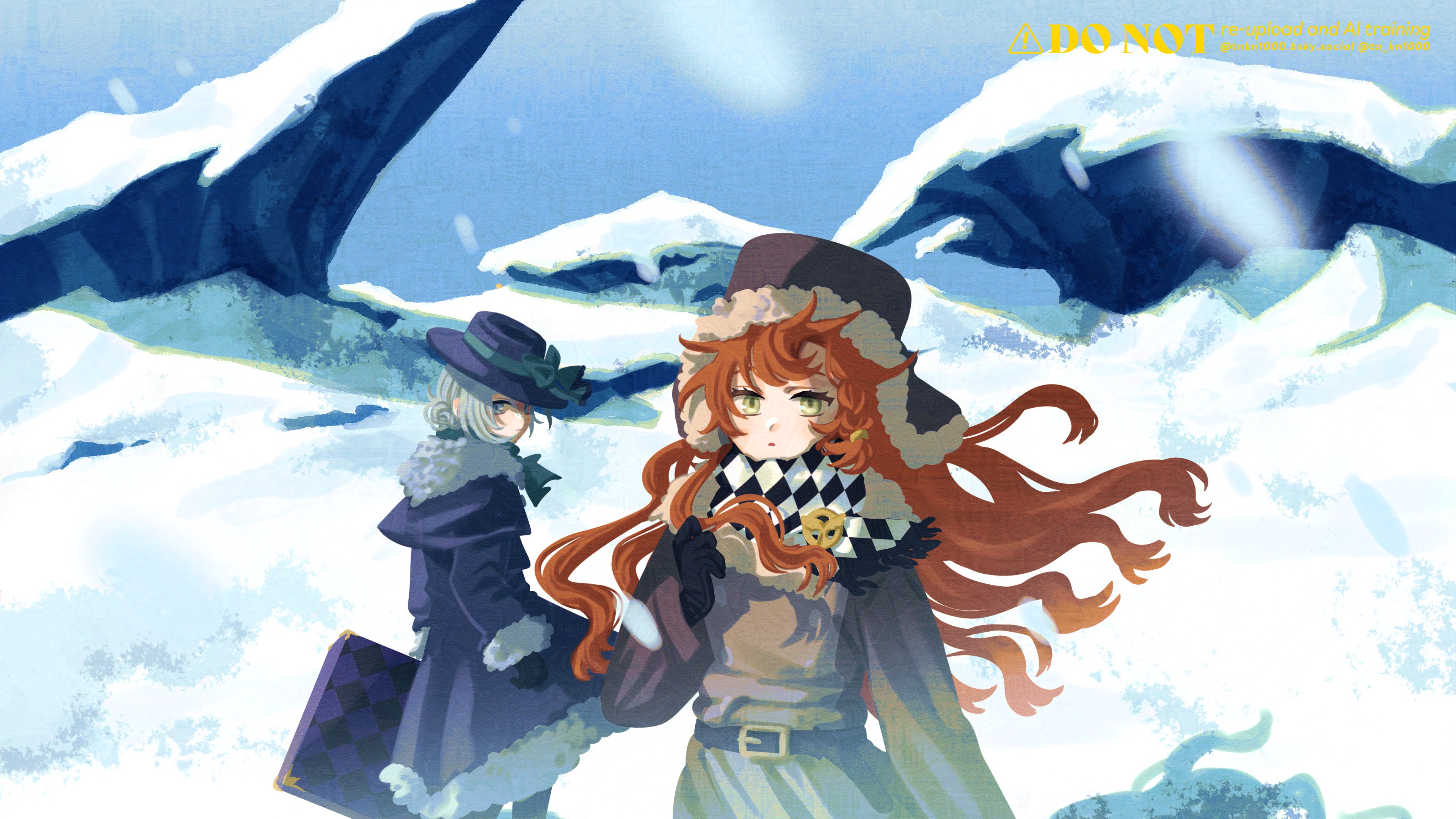 tn kn1000, sonetto (reverse:1999), vertin (reverse:1999), reverse:1999, absurdres, adversarial noise, highres, 2girls, black coat, black gloves, black hat, blue bow, blue sky, boater hat, bow, brown coat, brown hat, checkered clothes, checkered scarf, cliff, coat, day, fur-trimmed coat, fur trim, gloves, green eyes, grey eyes, grey hair, hair bun, hand up, hat, hat bow, holding, holding suitcase, looking at viewer, multiple girls, official alternate costume, orange hair, outdoors, profile, scarf, single side bun, sky, snow, snowing, suitcase, upper body, ushanka