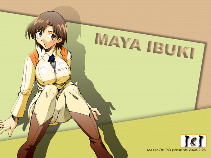 i&i naohiro, ibuki maya, neon genesis evangelion, boots, breasts, brown eyes, brown hair, cameltoe, covered erect nipples, large breasts, pantyhose, solo