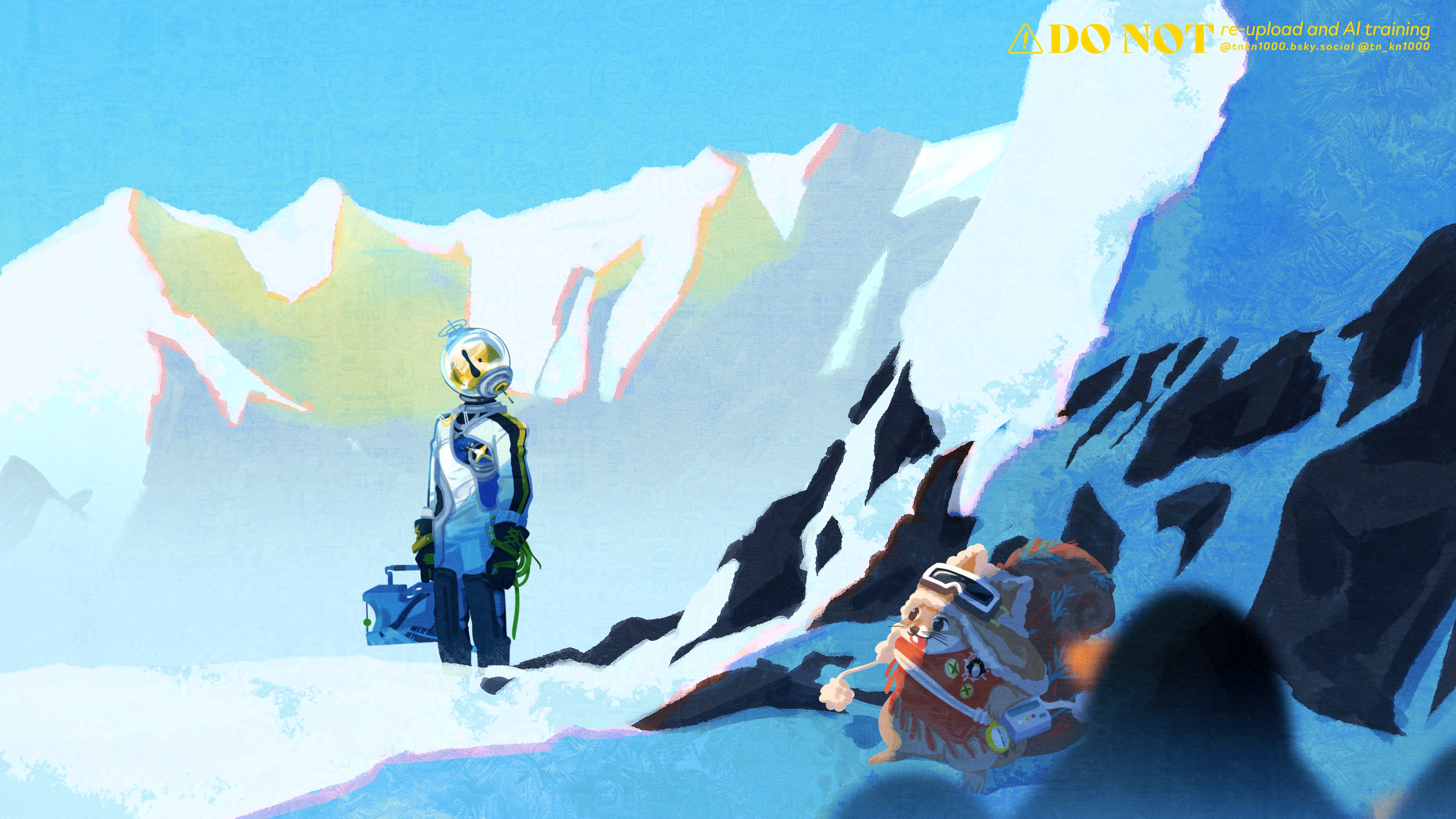 tn kn1000, ulrich (reverse:1999), reverse:1999, absurdres, adversarial noise, highres, 1boy, :d, black boots, blue sky, boots, brown hat, buddy fairchild, cliff, ferrofluid, fishbowl helmet, full body, goggles, goggles on head, hat, holding, holding suitcase, jumpsuit, looking at another, male focus, object head, open mouth, outdoors, red scarf, scarf, sky, smile, snow, solo, squirrel, standing, suitcase, thigh boots, ushanka, white jumpsuit, wide shot