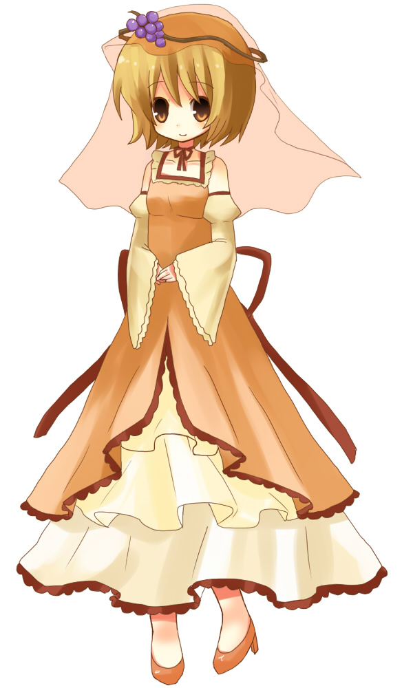 yuzuki (yuduame), aki minoriko, touhou, bad id, bad pixiv id, 1girl, beret, blonde hair, brown eyes, dress, female focus, food, fruit, full body, grapes, hat, high heels, layered dress, long sleeves, looking at viewer, red dress, short hair, simple background, solo, standing, veil, white background