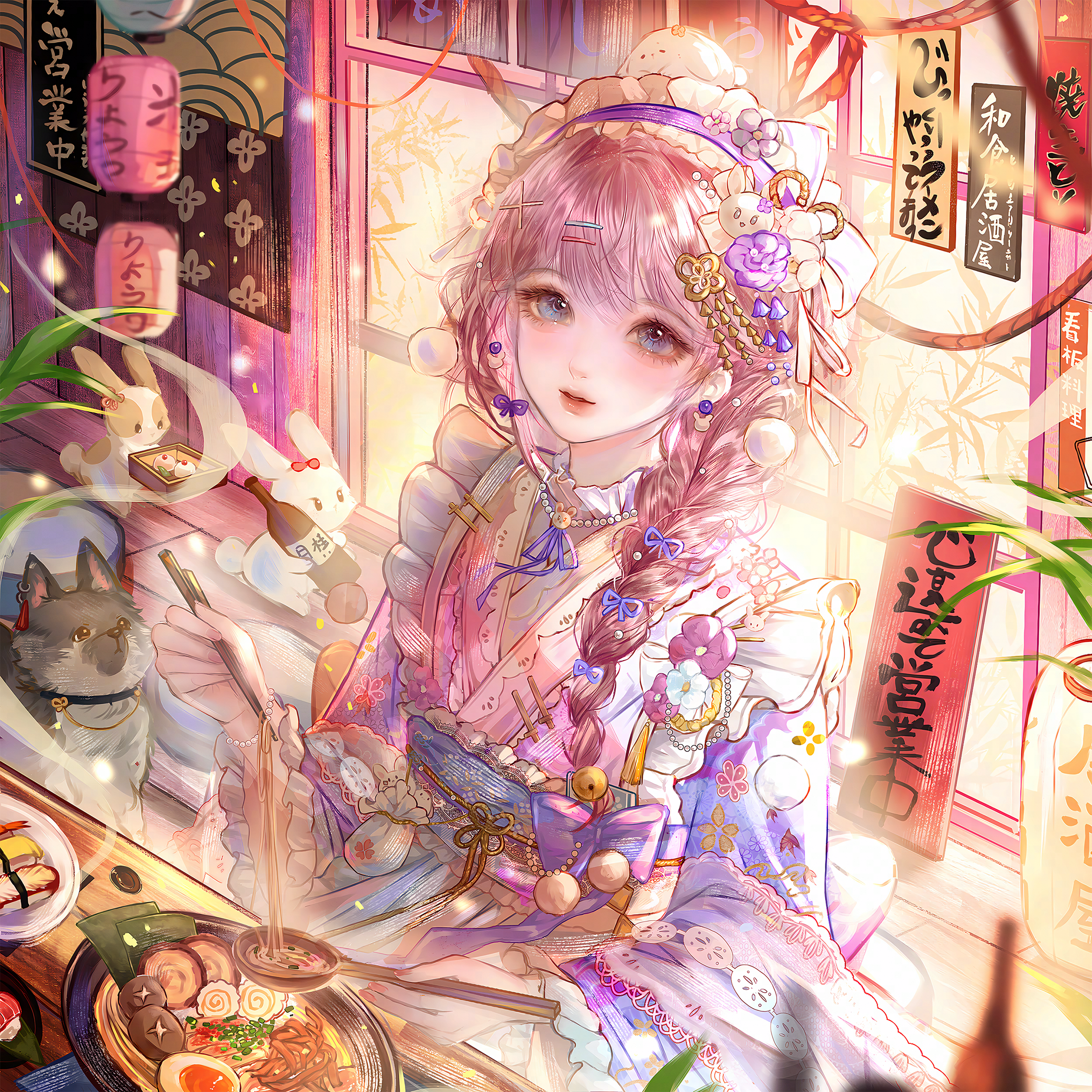 qingluanluan, original, absurdres, highres, 1girl, apron, bell, blue eyes, blurry, bow, bowl, braid, cat, chopsticks, earrings, floral print, flower, food, frilled kimono, frills, hair bow, hair ornament, hair over shoulder, hairclip, holding, indoors, japanese clothes, jewelry, kimono, long hair, long sleeves, looking at viewer, maid, maid headdress, pink hair, plate, ribbon, sash, sitting, solo, wa maid, wide sleeves, window