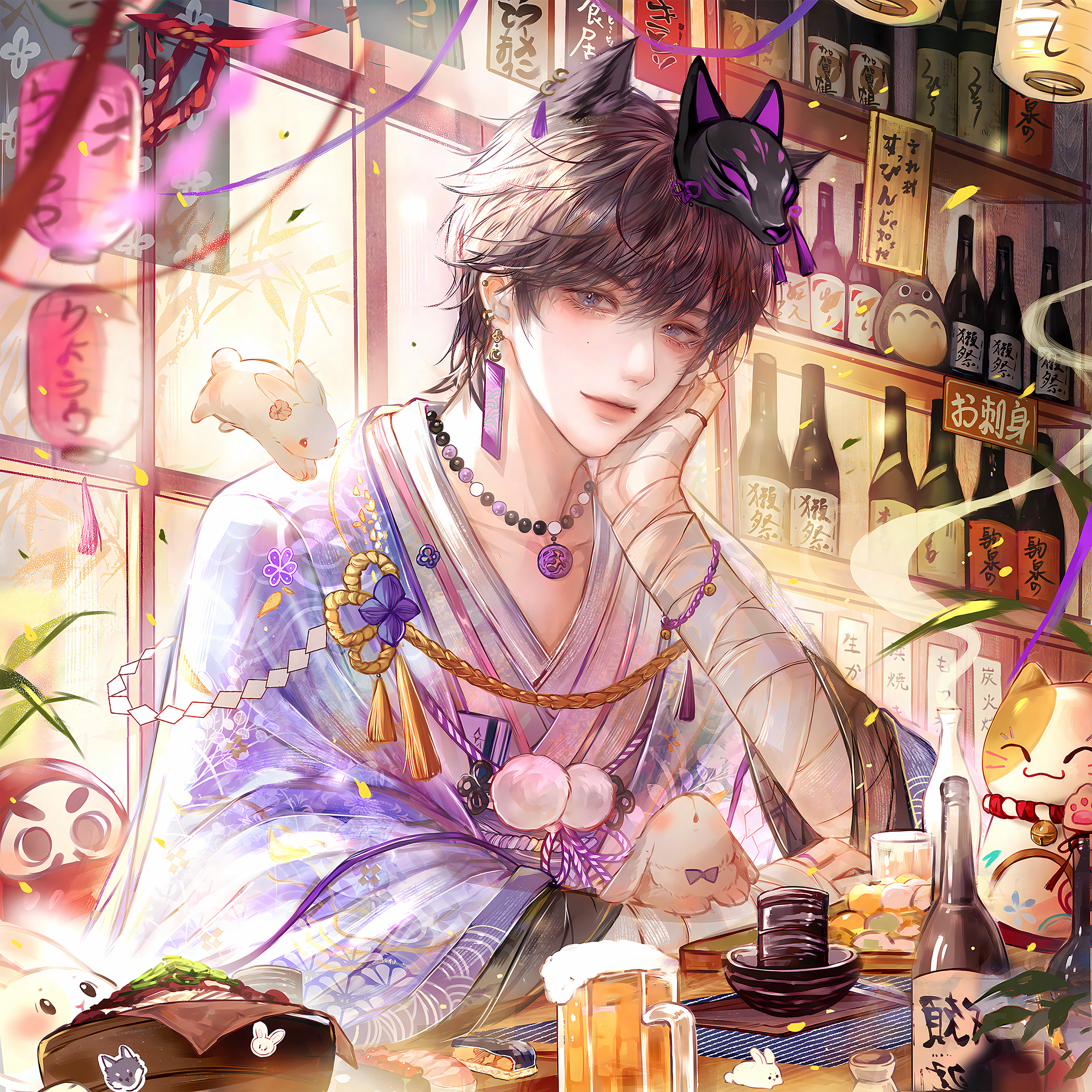 qingluanluan, original, absurdres, highres, 1boy, alcohol, animal ears, blue eyes, bottle, cup, earrings, food, fox mask, japanese clothes, jewelry, looking at viewer, male focus, mask, mask on head, necklace, short hair, solo, tassel
