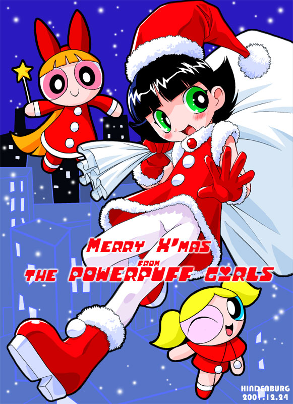 hindenburg (hindenburugu), blossom (ppg), bubbles (ppg), buttercup (ppg), cartoon network, powerpuff girls, 3girls, black hair, blonde hair, blue eyes, blush, boots, bottomless, bow, bubble, christmas, gloves, green eyes, hair bow, hat, multiple girls, one eye closed, pantyhose, pink eyes, red gloves, red hair, sack, santa costume, smile, wand, white pantyhose, wink