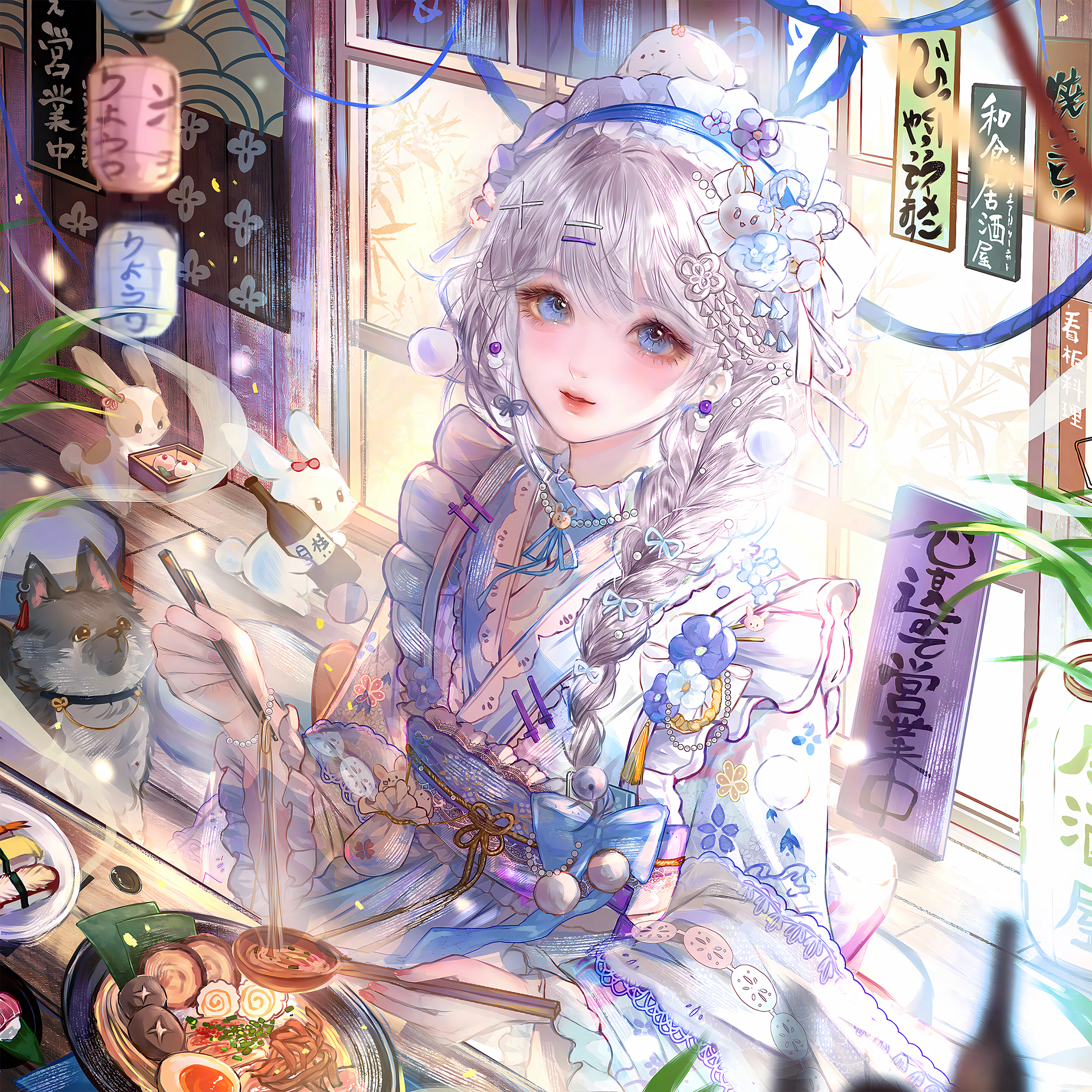 qingluanluan, original, absurdres, highres, 1girl, blue eyes, braid, cat, chopsticks, earrings, flower, food, frills, hair flower, hair ornament, hairclip, holding, indoors, japanese clothes, jewelry, kimono, long hair, long sleeves, looking at viewer, plate, sash, sitting, solo, white hair