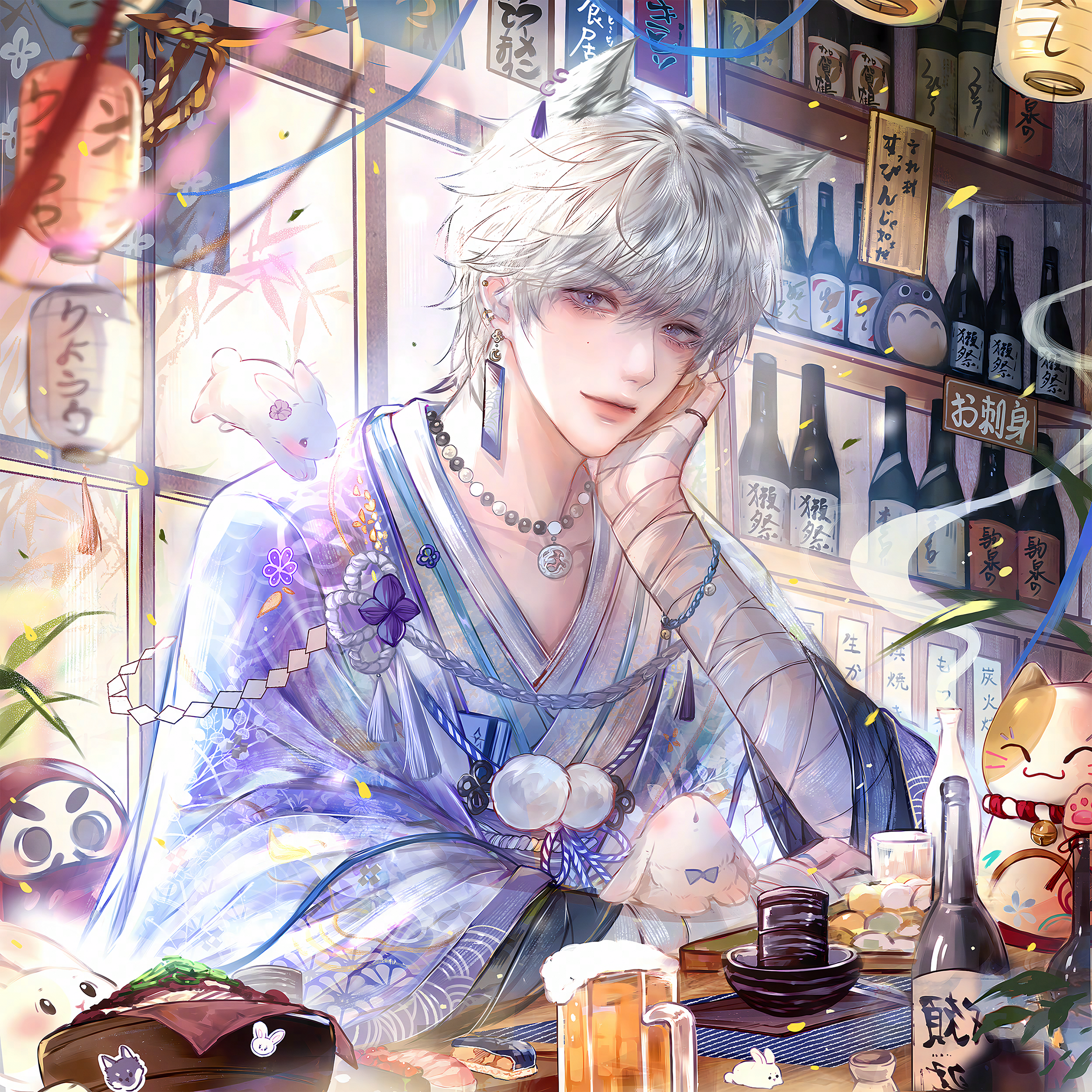 qingluanluan, original, absurdres, highres, 1boy, alcohol, animal ears, blue eyes, cup, earrings, food, japanese clothes, jewelry, looking at viewer, male focus, necklace, white hair
