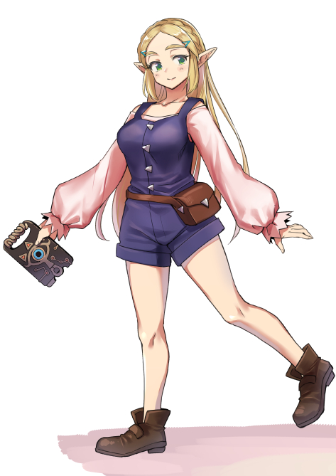 monbetsu kuniharu, princess zelda, nintendo, the legend of zelda, the legend of zelda: breath of the wild, commentary request, 1girl, alternate costume, blonde hair, braid, breasts, brown shoes, closed mouth, collarbone, crown braid, full body, green eyes, holding, long hair, looking at viewer, medium breasts, off-shoulder shirt, off shoulder, overall shorts, overalls, pink shirt, pointy ears, purple overalls, sheikah slate, shirt, shoes, smile, solo, standing, standing on one leg, white background