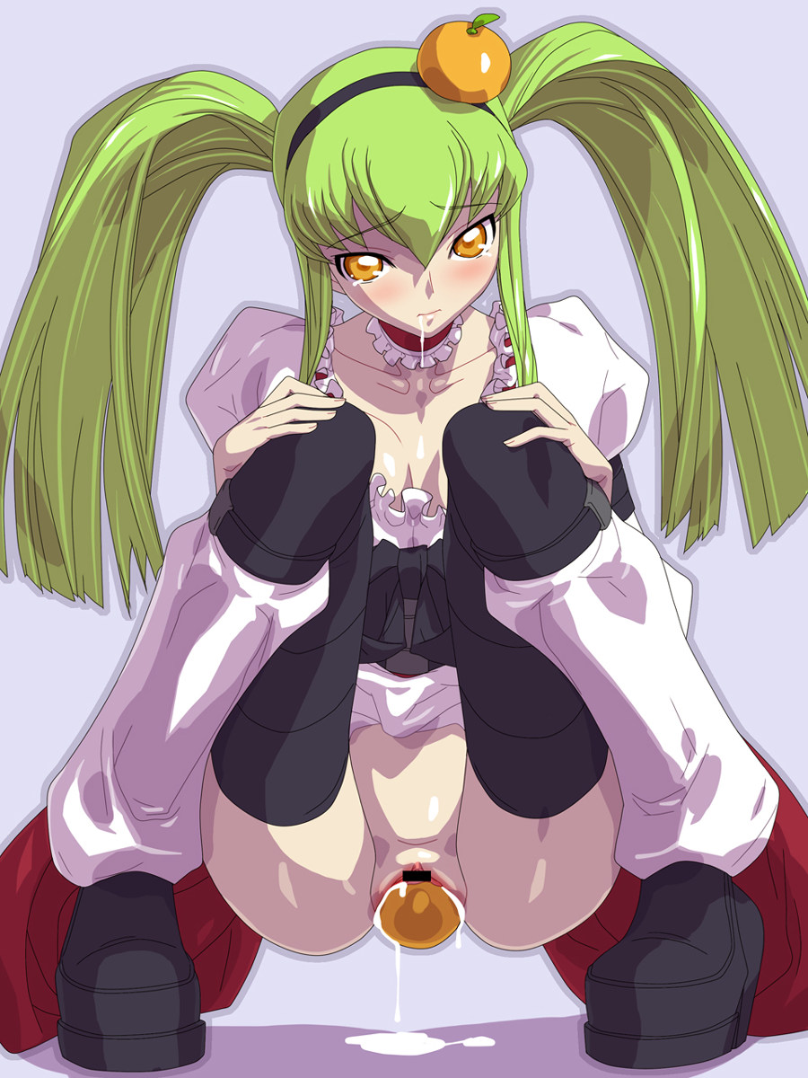 c.c., code geass, highres, 00s, 1girl, breasts, censored, cum, cum in pussy, cum plugged, female focus, food, food dildo, food insertion, fruit, fruit insertion, green hair, no panties, object insertion, orange (fruit), orange eyes, pussy, saliva, solo, squatting, tears, thighhighs, twintails, vaginal, vaginal object insertion, yellow eyes