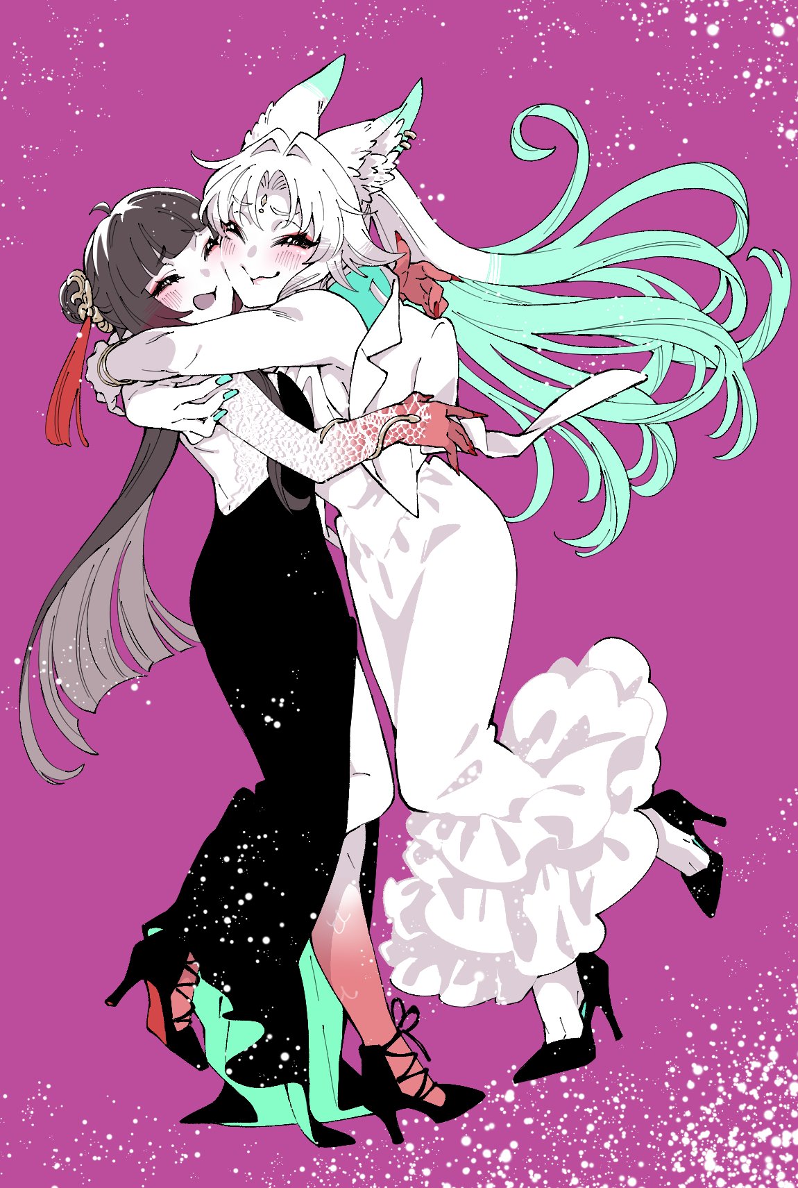 ayunyan pere, feixiao (honkai: star rail), lingsha (honkai: star rail), honkai: star rail, honkai (series), highres, 2girls, alternate costume, animal ears, arm around neck, armlet, backless dress, backless outfit, blush, brown hair, cheek-to-cheek, cheek press, closed eyes, closed mouth, colored extremities, colored skin, dress, fingernails, floating hair, full body, furrowed brow, green hair, green nails, hair bun, heads together, high heels, hug, jacket, jacket on shoulders, jacket over dress, jewelry, long dress, long hair, multicolored hair, multiple girls, open mouth, partially colored, raised inner eyebrows, red nails, red skin, scales, sharp fingernails, side slit, single hair bun, smile, standing, standing on one leg, two-tone hair, very long hair