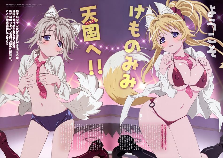 takami akio, ezomori nozomu, minamoto chizuru, kanokon, silver hair, scan, 00s, 2girls, animal ears, bikini, blonde hair, blue eyes, blush, breasts, breasts squeezed together, cleavage, dress shirt, flat chest, fox ears, fox tail, long hair, micro bikini, multiple girls, necktie, no nose, open clothes, open shirt, shirt, short hair, swimsuit, tail, wolf ears