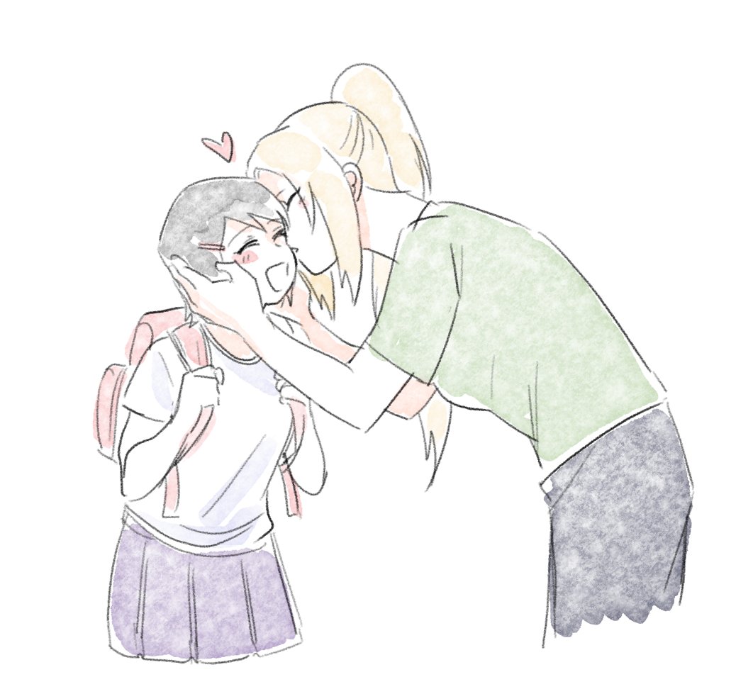 may c, shizune (naruto), tsunade (naruto), naruto (series), commentary request, korean commentary, 2girls, aged down, backpack, bag, black hair, blonde hair, casual, closed eyes, hair ornament, hairclip, height difference, kiss, kissing cheek, multiple girls, open mouth, pleated skirt, ponytail, randoseru, short hair, skirt, smile