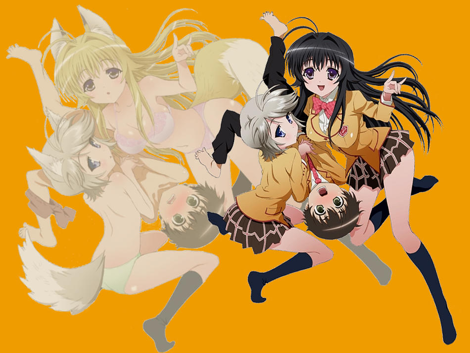 takami akio, ezomori nozomu, minamoto chizuru, oyamada kouta, kanokon, red neckwear, 00s, 1boy, 2girls, animal ears, black hair, blonde hair, blush, boxers, breasts, brown hair, cleavage, clothed female nude male, fox ears, fox tail, green eyes, hetero, loli, looking at viewer, male underwear, multiple girls, necktie, nude, nudity filter, school uniform, shota, skirt, struggling, tail, underwear, undressing