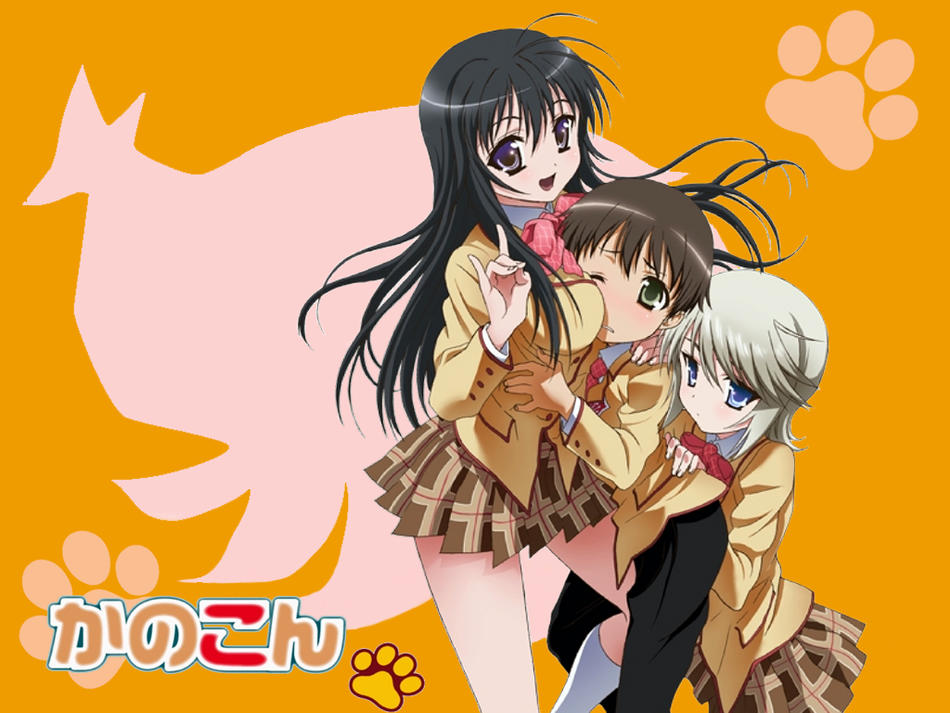 takami akio, ezomori nozomu, minamoto chizuru, oyamada kouta, kanokon, red neckwear, 00s, 1boy, 2girls, black hair, blue eyes, brown hair, green eyes, hetero, multiple girls, necktie, paw print, school uniform, shota, skirt, socks, wince